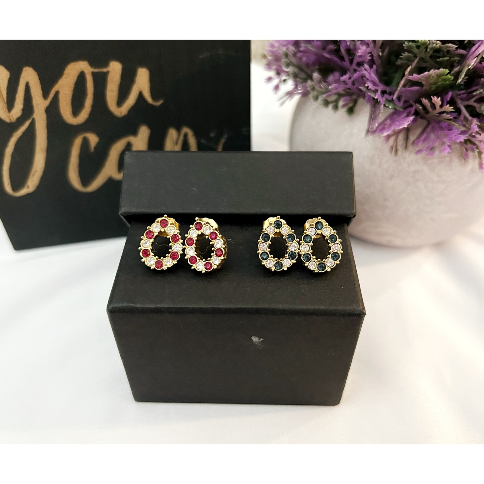 Vintage Fashion Costume Tear Drop Stud Rhinestone Earrings Set Of 2 15$